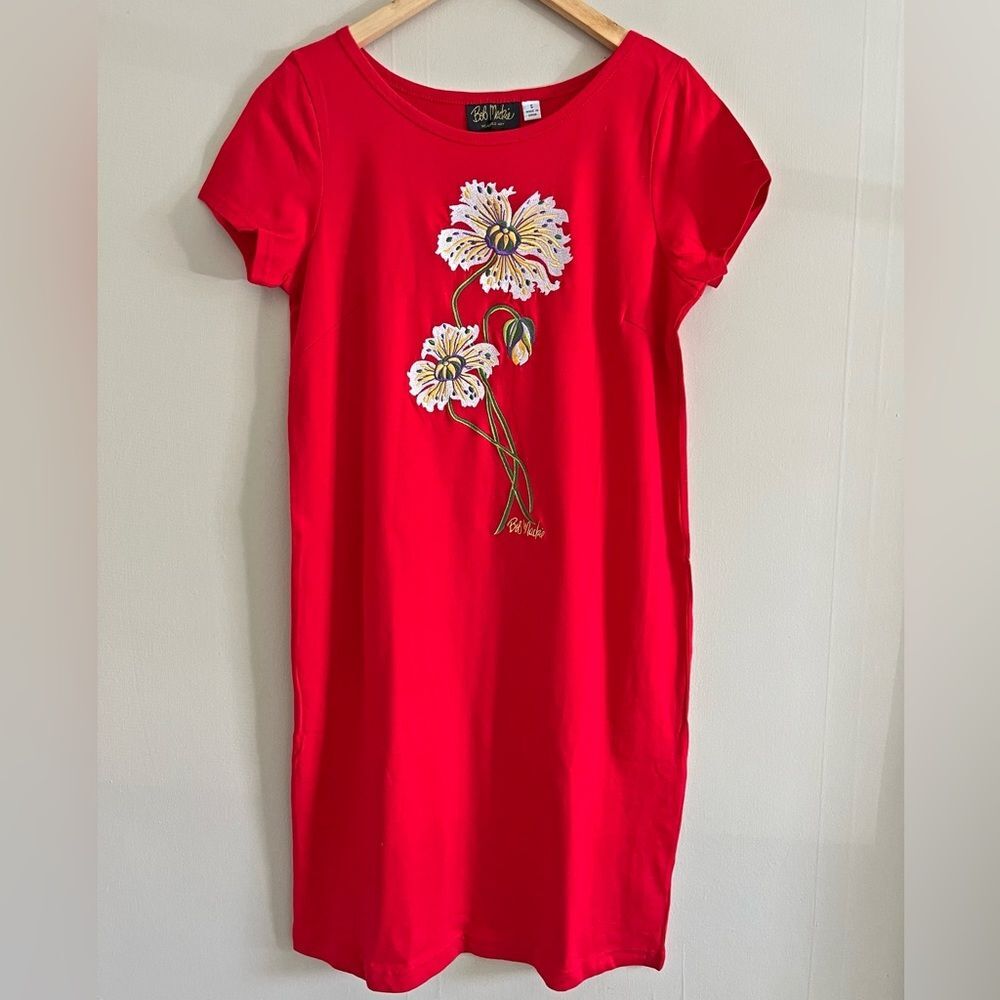 Bob Mackie 90s Red Floral Embroidered Applique Wearable Art Shift Dress L